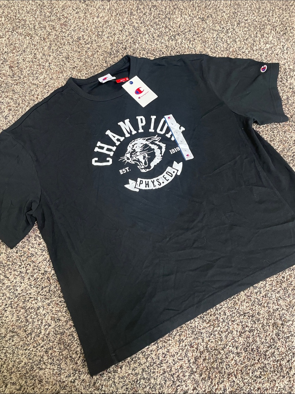 Champion Black Short Sleeve Tee with White Distressed Graphic L NWT